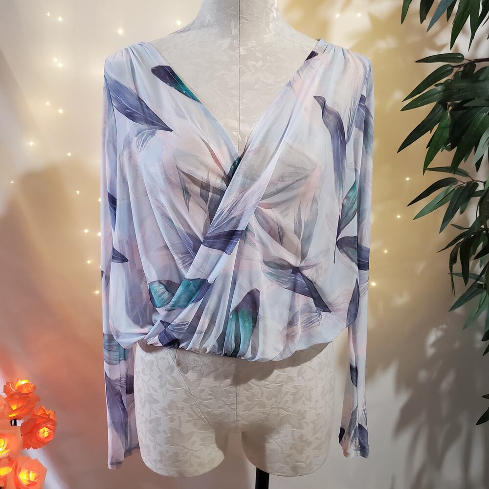 Fabletics Treva Long-Sleeve Mesh Surplice Draped Feather Top Women's Size XS